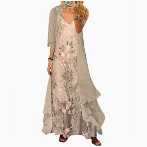 NWOT Floral 2 Piece Maxi Dress & Duster Set-Champagne/Coffee, Sleeveless Vneck